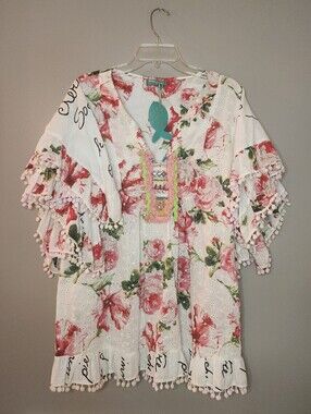 Antica Sartoria Embroidered Floral Boho Summer Tunic, One Size